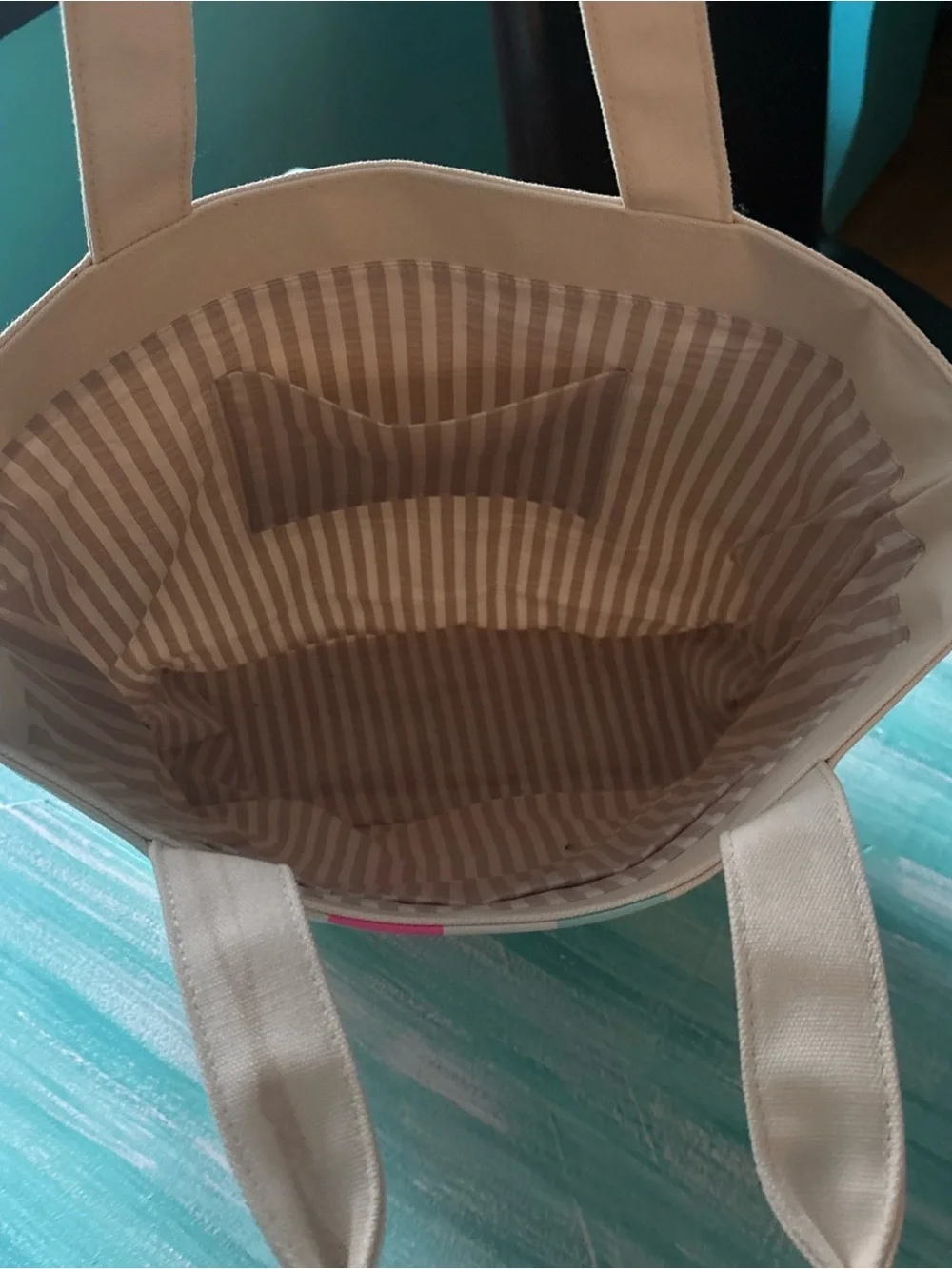 Vineyard Vines Cream Tote with Pink and Aqua Stripes